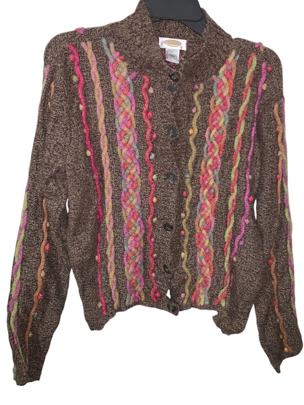 Vintage Talbots Brown Button-Front Cable Accent Cardigan with Multicolored Trim